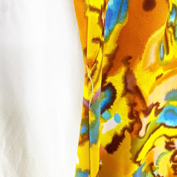 Vintage 70's Dress Abstract Ruffle Watercolor Yellow Quarter Sleeve Approx 12 - Picture 5 of 6